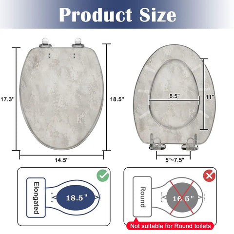 Elongated Concrete polished abstract silver grey grunge Toilet Seat size chart with dimensions for optimal fit.
