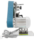 Turn Up The Grind With This Pro Grade Belt Sander And Bench Grinder Featuring A Killer 750 Watt Variable Speed Motor side view with blue sanding belt.