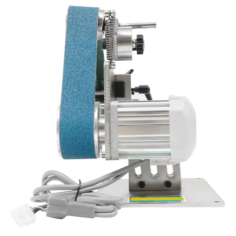 Turn Up The Grind With This Pro Grade Belt Sander And Bench Grinder Featuring A Killer 750 Watt Variable Speed Motor side view with blue sanding belt.