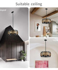 5 Light Metal Drum Chandelier With Wood Grain Shade hanging from sloped, flat, and vaulted ceilings.