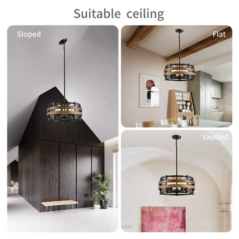 5 Light Metal Drum Chandelier With Wood Grain Shade hanging from sloped, flat, and vaulted ceilings.