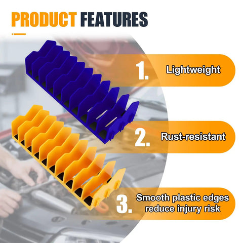 Two Pack Must Have Pliers Organizer Rack With Ten Slot Holder Extendable Drawer Storage Accessory With Non Slip Rubber Base Fits Three Inch Tools Pliers Screwdrivers Wrenches For Garage Or Workshop Blue Yellow showing product features