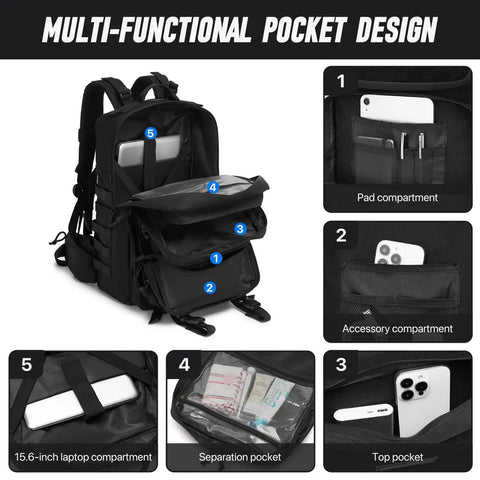 Built Tough Tactical Backpack For Men 46L Water Resistant Military Pack With MOLLE System showing multipocket interior