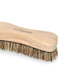 Heavy Duty Wooden Scrub Brush Set 12 Pack Stiff Palmyra Bristles For Tough Floors Tile Deck And Garage Grime Bulk Commercial Workshop Cleaning Supplies That Kick Serious Dust, showing a single brush with palmyra bristles.