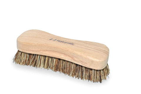 Heavy Duty Wooden Scrub Brush Set 12 Pack Stiff Palmyra Bristles For Tough Floors Tile Deck And Garage Grime Bulk Commercial Workshop Cleaning Supplies That Kick Serious Dust, showing a single brush with palmyra bristles.