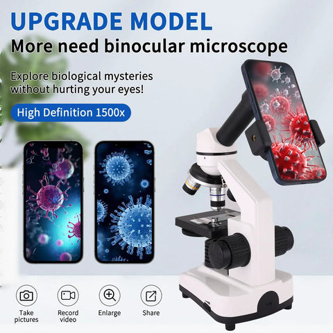 Kids and Adults Microscope With 40x to 2500x Magnification, Dual LED Illumination, 360 Degree Rotating Head, Kid-Friendly Eyepieces and Objective Lenses, Perfect for School Labs and Home Science Projects. Smartphone binocular microscope with display