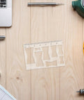Top Shelf Bow Tie Router Template Plus Butterfly Inlay Guide on wood surface with measuring marks for precise cuts.