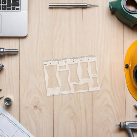 Top Shelf Bow Tie Router Template Plus Butterfly Inlay Guide on wood surface with measuring marks for precise cuts.