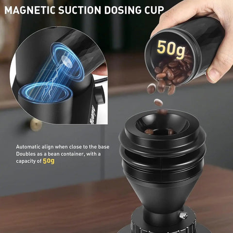 Professional 63Mm Flat Conical Burr Coffee Grinder Stainless Steel Disc with magnetic suction dosing cup for precise measurements.