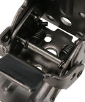 Close-up of Rock Solid Folding Table Leg Brackets With Self Lock Hinges, featuring springs and steel components.