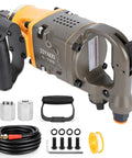 Heavy Duty One Inch Drive Pneumatic Impact Wrench With Professional Air Hose Rock Solid High Torque Output Tough As Nails Steel Housing, close-up view.