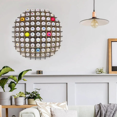 Rad Ball Shaped Golf Ball Display Case For Collectors, Holds Up To 78 Golf Balls, Cool Wall Art in modern living room setting