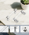 5 Pack Polished Chrome Acrylic Cabinet Pull Handles For Kitchen Drawers And Bathroom Cabinets, 3 Inch Center To Center