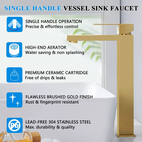 Brushed Gold Sleek Vessel Sink Faucet Tall Single Handle 1 Hole Water Saving Aerated Spout 304 Stainless Steel Bathroom Vanity Faucet With Water Supply Hose And Pop Up Drain next to white sink