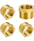 Four brass NPT reducer bushings, 3/4 in male to 1/2 in female, hex threaded pipe fittings.