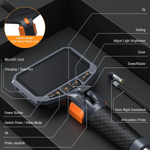 Two Way Articulating Borescope With Dual Lens Endoscope Camera For Tight Spaces LED Light Flexible Fiber Optic Snake Scope Cam