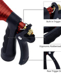Close-up of heavy duty metal hose nozzle with adjustable spray patterns for watering plants, washing cars, showering dogs, rugged zinc alloy build