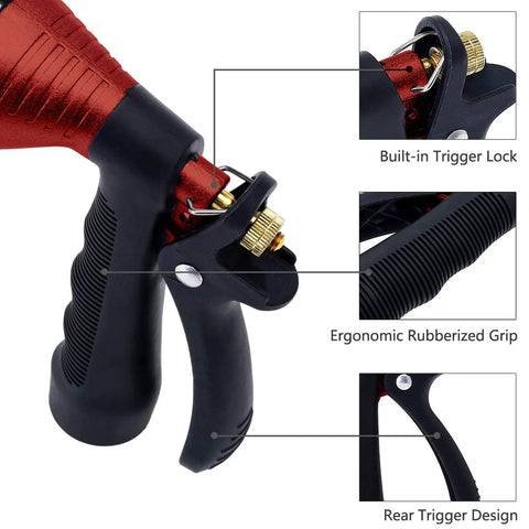 Close-up of heavy duty metal hose nozzle with adjustable spray patterns for watering plants, washing cars, showering dogs, rugged zinc alloy build