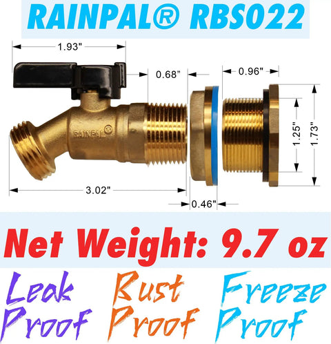 Brass Rain Barrel Spigot Three Quarter Inch Ball Valve With Bulkhead Fitting And Thread Tape Lead Free Leakproof Design Measurements