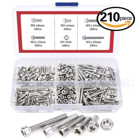 Open organizer box displaying 210 pieces M2 and M3 stainless steel hex socket head cap screws and nuts set
