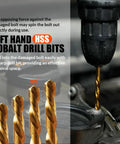 Close-up of left hand HSS cobalt drill bits in use, part of the 35-Piece Left Hand Drill Bits And Screw Extractor Kit for bolt fixes.