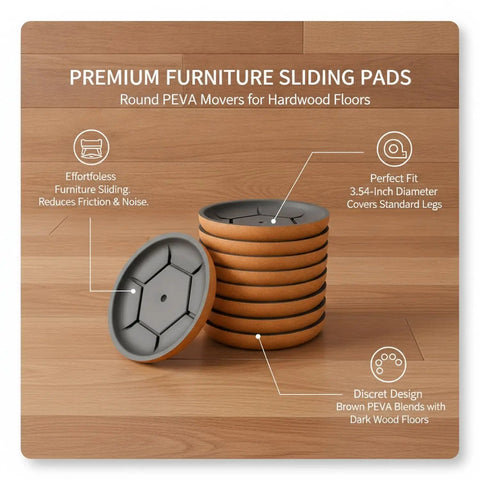 Stack of 3.54-inch round PEVA furniture sliders for hardwood floors, showcasing discreet brown design and easy glide features.