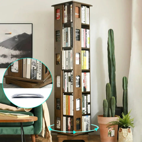 Tall bookcase with wooden shelves using Ten Pack Square Lazy Susan Turntable Plate 6 Inch Beefy Heavy Duty 500 Lb Capacity.