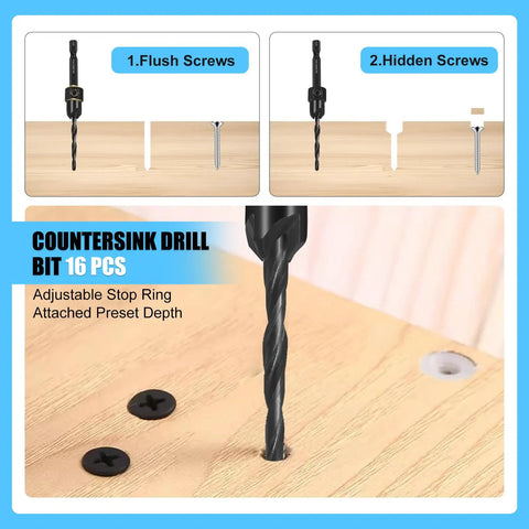 Woodworking Countersink Drill Bit Set, 16 Piece High Speed Steel Bits For Wood, shown with adjustable stop ring on wood surface.