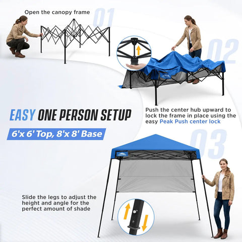 Easy setup of 8x8 Pop Up Canopy Tent With Sidewall, slant leg design showing center lock and frame assembly process by one person.