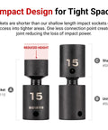 3/8 Inch Drive Shallow 6 Point Universal Joint Impact Socket 14mm Pinless Ball And Socket next to longer socket for comparison