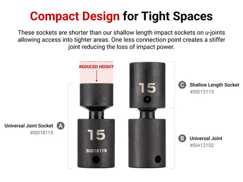 3/8 Inch Drive Shallow 6 Point Universal Joint Impact Socket 14mm Pinless Ball And Socket next to longer socket for comparison