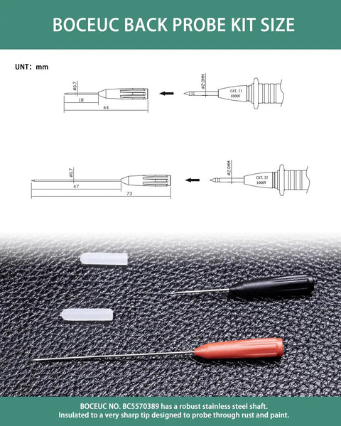 Diagram and image of Back Probe Pins Kit 8Pcs Pro Grade Ultra Thin 0.7mm Pins For Automotive Instrument Testing 2mm Socket Banana Jack Leads Easy Push In Connection Fine Tester Probes For Electrical Diagnostics