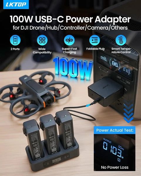 100W USB C Power Adapter For DJI Drones And More No Fuss Dual Port Battery Fast Charger Compatible With Mavic 4 Pro shown charging devices.