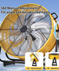 Heavy Duty 220V Cylindrical Floor Fan With Adjustable Tilt And Rolling Casters For Factory Ventilation And Refrigeration Cooling Rock Solid Steel Build showing manual tilt adjustments.