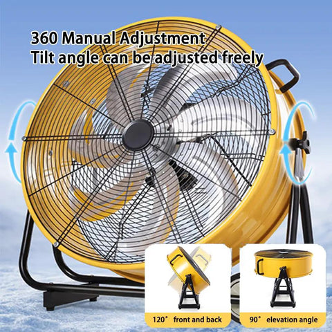 Heavy Duty 220V Cylindrical Floor Fan With Adjustable Tilt And Rolling Casters For Factory Ventilation And Refrigeration Cooling Rock Solid Steel Build showing manual tilt adjustments.