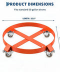 55 Gallon Drum Dolly Non Tipping Heavy Duty Move With Powder Coated Steel Frame, Rust Resistant Build, 0.13 Inch Cross Braces For Stability, Supports Up To 1,000 Lbs And Smooth Rolling Mobility, orange steel drum dolly dimensions view with casters