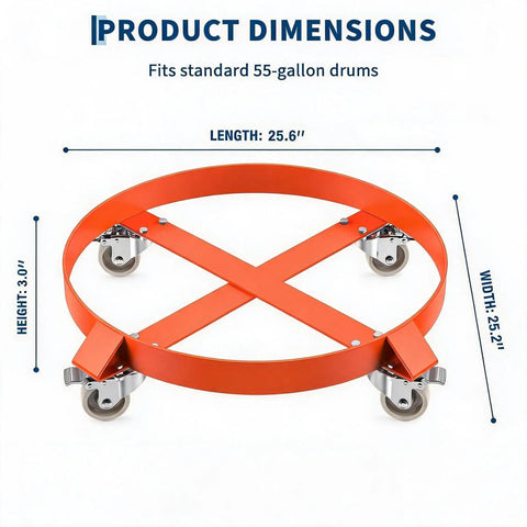 55 Gallon Drum Dolly Non Tipping Heavy Duty Move With Powder Coated Steel Frame, Rust Resistant Build, 0.13 Inch Cross Braces For Stability, Supports Up To 1,000 Lbs And Smooth Rolling Mobility, orange steel drum dolly dimensions view with casters