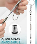 Silver Stainless Steel Eyeglass Repair Kit With 5 In 1 Mini Precision Screwdriver Set On keychain, shown in hands and disassembled