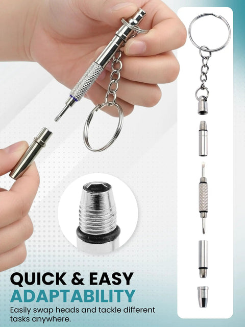 Silver Stainless Steel Eyeglass Repair Kit With 5 In 1 Mini Precision Screwdriver Set On keychain, shown in hands and disassembled