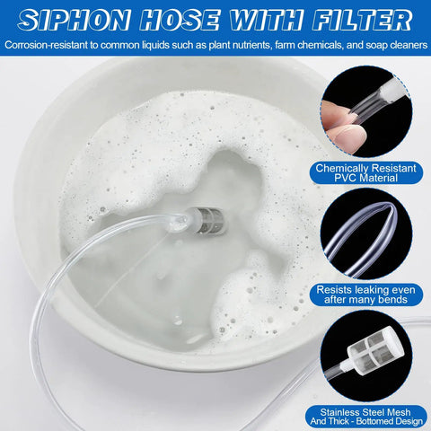 Pressure Washer Siphon Hose With Filter And Chemical Soap Injector Kit in soapy water, showing PVC material and steel mesh filter.
