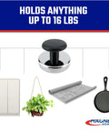Heavy Duty Round Base Magnets With Knobs Pack Four For Home Office Classroom And Workshop, Each Delivers 16 Lb Pull, Nickel Plated Chrome Finish, Ceramic Base, Strong Hold For Calendars And Visual Aids, shown holding various items.