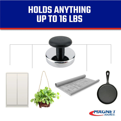 Heavy Duty Round Base Magnets With Knobs Pack Four For Home Office Classroom And Workshop, Each Delivers 16 Lb Pull, Nickel Plated Chrome Finish, Ceramic Base, Strong Hold For Calendars And Visual Aids, shown holding various items.