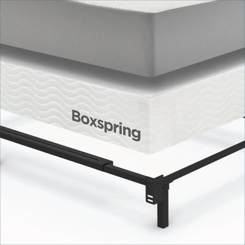 Heavy Duty Low Profile Metal Bed Frame With Straight Up Sturdy Steel Support And Generous Under Bed Storage Space, Boxspring on top.