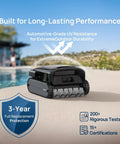 AquaSense 2 Pro Cordless Robotic Pool Cleaner With 5 In 1 Cleaning Power next to a pool showcasing durability features