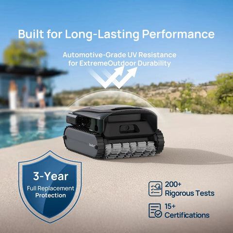 AquaSense 2 Pro Cordless Robotic Pool Cleaner With 5 In 1 Cleaning Power next to a pool showcasing durability features