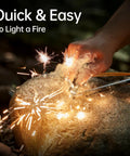 Go To Survival Flint And Steel Fire Starter Kit for Hiking and Camping igniting sparks on a rock outdoors