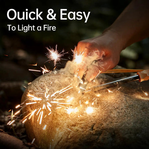 Go To Survival Flint And Steel Fire Starter Kit for Hiking and Camping igniting sparks on a rock outdoors