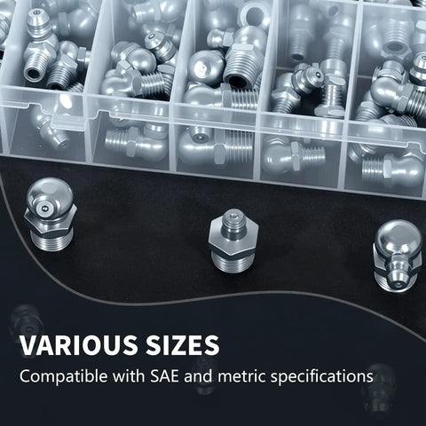 Grease Fittings 24 Size SAE And Metric Zerk Fitting Assortment Kit All In One For Straight 45 Degree And 90 Degree Nipples Includes One Quarter Inch One Eighth Inch Five Sixteenth Inch Three Eighths Inch Galvanized Steel