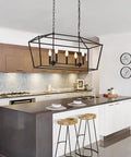 Farmhouse Five Light Candle Pendant Chandelier In Matte Black For Dining Room Foyer Or Porch, Industrial Rustic Ceiling Light Fixture With Adjustable 59 Inch Chain And Dimmable Capability above kitchen island