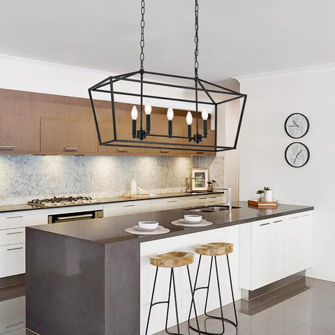 Farmhouse Five Light Candle Pendant Chandelier In Matte Black For Dining Room Foyer Or Porch, Industrial Rustic Ceiling Light Fixture With Adjustable 59 Inch Chain And Dimmable Capability above kitchen island